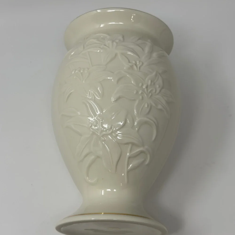 Vintage Lenox Ivory Porcelain Lily Vase Embossed Floral Gold Trim